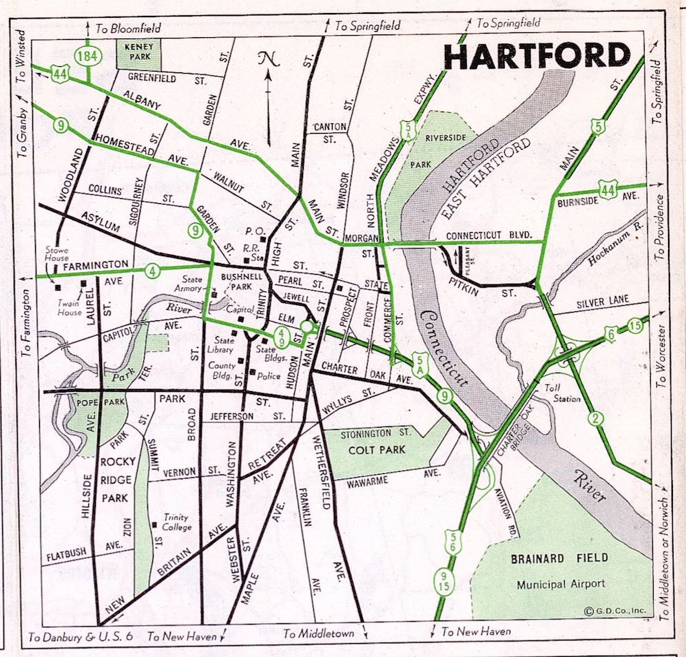 Hartford inset from Connecticut official highway map, 1951
