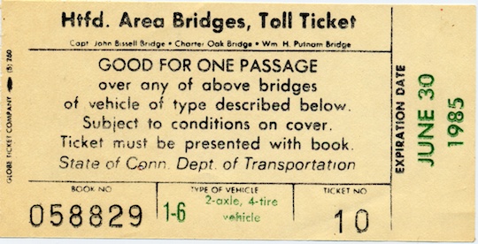 Scan of Hartford-area toll bridge ticket